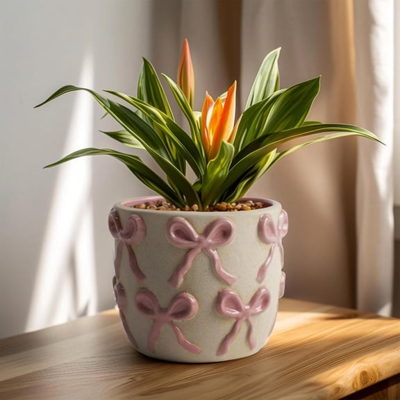 Ceramic Flower Pots for Indoor and Outdoor Plants, Succulent Orchid Round Clay and Terracotta Planter for Garden Home Modern Decoration 5.3 Inch (Pink Bow, Without Saucers)