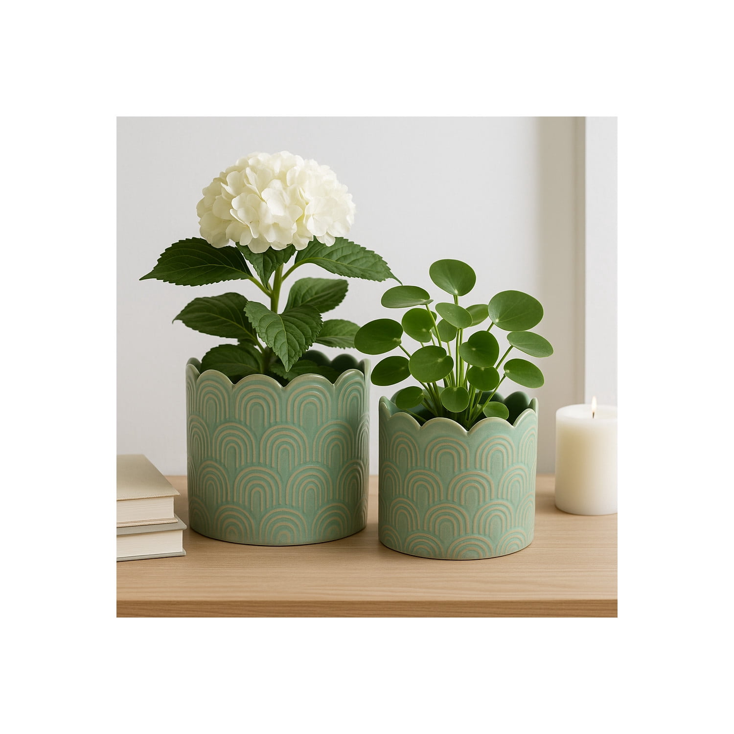 Ceramic Flower Pots and Planters for Home Decor - Indoor or Outdoor Plant Pots for Succulents, Herbs, and Orchids - Decorative Pots for Living Room, Bedroom, or Office Set of 2 - 10", 8" Green