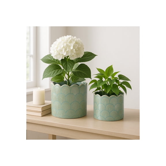 Patterned Flower Pots for Home Decor - Arch Ceramic Planters for Indoor and Outdoor Display - Modern Plant Pots for Living Room, Bedroom, Shelf, and Entryway Styling - Set of 2, 7", 5", Green