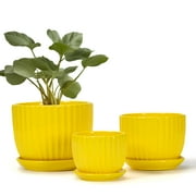 Ceramic Flower Pots,Yellow Plant Pots for Indoor Plants,4.1+5.1+6.5 inch Ceramic Plant Pots with Tray,Medium Indoor Planters for Aloe Cactus Decorative Pots with Drainage Hole (Set of 3)