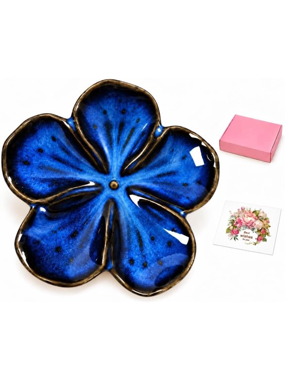 Ceramic Flower Ring Trinket Dish Tray for Women, Blue