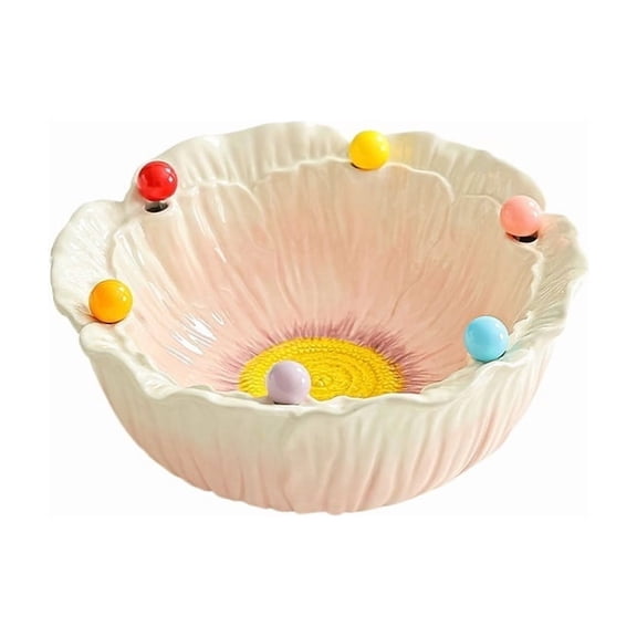 Ceramic Flower Shaped Fruit Bowl with Fork Set, Fruit Salad Serving Bowl, Stylish Tableware for Home Coffee Table Daily Use