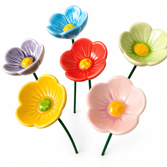 Ceramic Flower Stake with Bird Drinking Station, Colorful Garden Stake Decor with Bee & Butterfly Water Dish, Outdoor Ceramic Garden Flowers for Yard