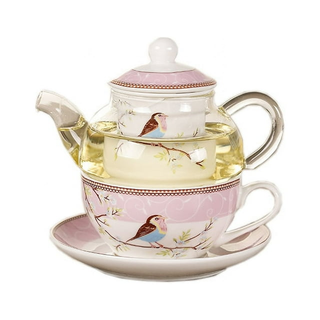Ceramic Flower Teapot Flower Bird Cup Saucer HeatResistant Glass Pot