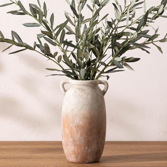 Ceramic Flower Vase 12 Inch Farmhouse Rustic Decorative Pottery Terracotta Tall Vase for Home Decor Table Mantel Fireplace Living Room Bathroom Wedding Centerpiece (Large, White)