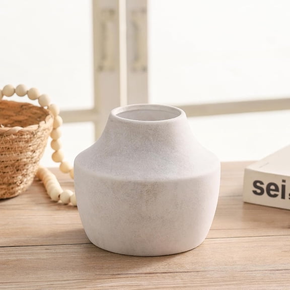 Ceramic Flower Vase, 5.3 inch Off-White Farmhouse Rustic Vase, Handcrafted Weathered Pottery Vases, Small Flower Terracotta Vases for Home Decor, Living Room, Table, Shelf