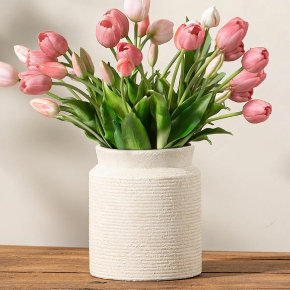 Ceramic Flower Vase 7.5 inch Farmhouse Rustic for Home Decor Handcrafted Pottery Terracotta Vases Dining Table Fireplace Living Room Bathroom Wedding Centerpiece (M-Off White)