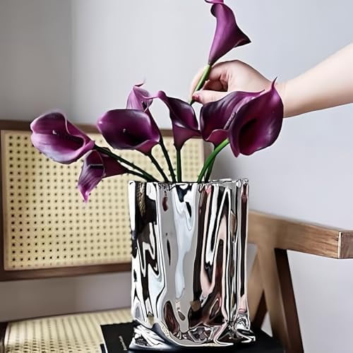 Ceramic Flower Vase, Crinkle Paper Shape, Silver Metal, Decorative Home Accent (Small)