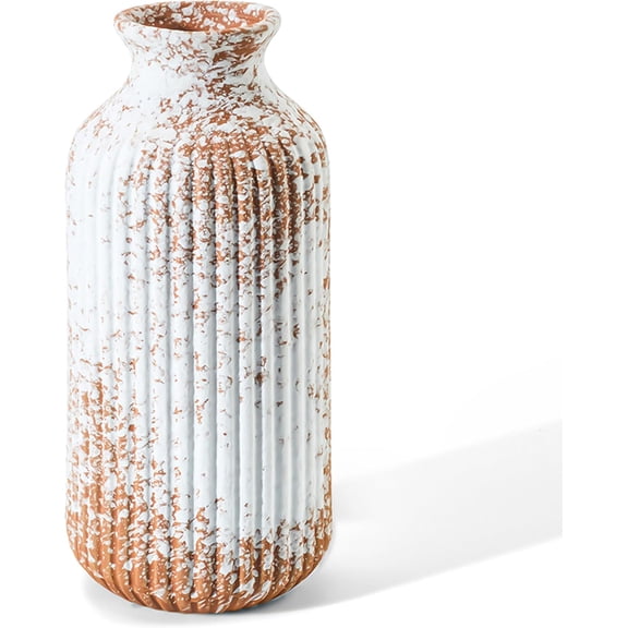 Ceramic Flower Vase  Decor, 9.25 Inch Rustic Farmhouse Vase, Ribbed  Vase, Pottery Decorative Vases for  Room, Entryway Table, Shelf, Kitchen , Coffee Table(Mottled-Brown)