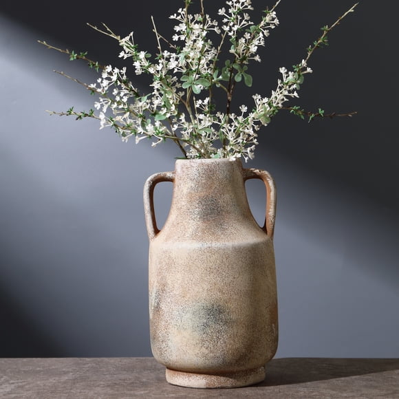 Ceramic Flower Vase with Handles, Large Decorative Terracotta Vase, Farmhouse Vases for Home Decor, Rustic Vintage Vases for Living Room, Kitchen, Bedroom, Office, Coffee Table, 28CM (Brown)