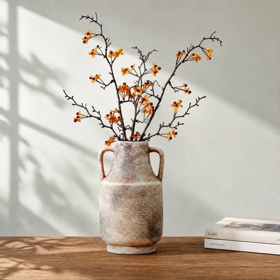Ceramic Flower Vase with Handles, Tall Vase for Centerpieces, Large Decorative Terracotta Vases, Farmhouse Rustic Vases for Home Decor, Living Room, Table, Neutral