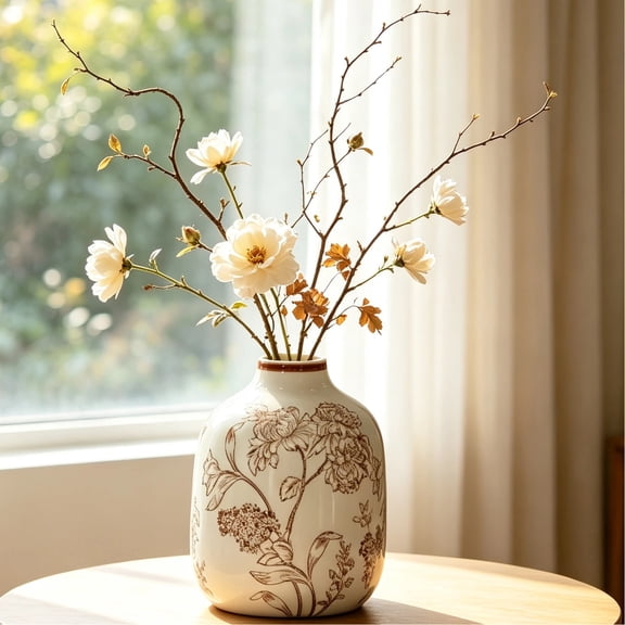 Ceramic Flower Vase Home Decor - Farmhouse Table Vases Rustic Vintage Living Room Kitchen Bedroom Decorations for House Book Shelf Office Coffee Desk Dining Fireplace