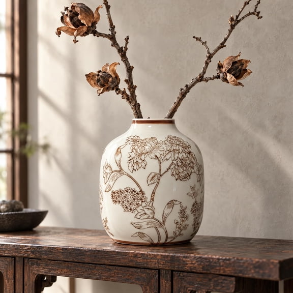 Ceramic Flower Vase Home Decor - Farmhouse Table Vases Rustic Vintage Living Room Kitchen Bedroom Decorations for House Book Shelf Office Coffee Desk Dining Fireplace
