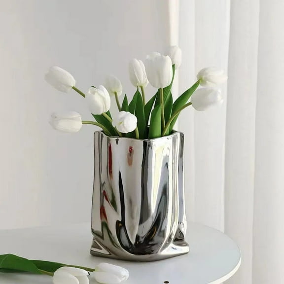 Ceramic Flower Vase for Home Decor – Ruffled Design Decorative Pot | Modern Bag-Shaped Vase for Living Room, Office, Table Centerpiece | Ideal for Artificial or Fresh Flowers ( Silver )