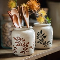 Ceramic Flower Vase with Leaf Pattern – Farmhouse Decorative Vase for Home Décor, Rustic Stoneware Tabletop Vase for Living Room, Bedroom & Dining Table