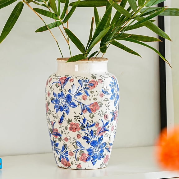Ceramic Flower Vase, Vintage Ice Cracked Glaze Porcelain Home Decor for Fresh Flowers, Blue Floral Pattern Chinoiserie Pottery
