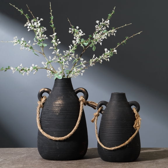 Ceramic Flower Vase with Handles Set of 2, Large Decorative Black Vase, Farmhouse Terracotta Vases for Home Decor, Rustic Vintage Vases