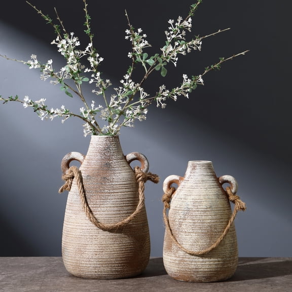 Ceramic Flower Vase with Handles Set of 2, Large Decorative Terracotta Vase, Farmhouse Vases for Home Decor, Rustic Vintage Vases (Brown)