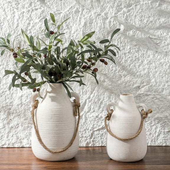 Ceramic Flower Vases with Handles Set of 2, Large Decorative White Vases, Farmhouse Terracotta Vases for Home Decor, Rustic Vintage Vases (White)