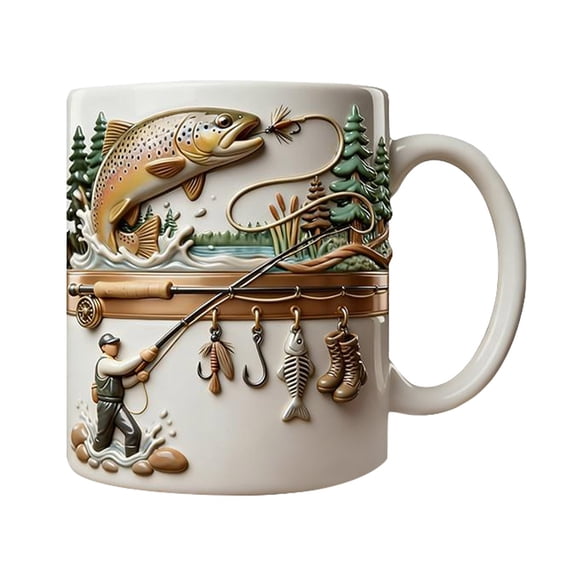 Ceramic Fly Fishing Mug,Funny Fisherman Drinkware, Coffee Mug For Cold Weather Outdoor Use, Spill Resistant Feature, Camp Drinkware Feature, for Anglers, Christmas, Birthday, Fathers Day, Camping
