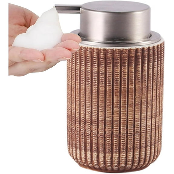 Ceramic Foaming Soap Dispenser, 10Oz Imitation Wood Grain Foam Hand Soap Dispenser with Chrome-Plated Pump,Refillable Lotion Soap Dispenser, Dish Soap Dispenser for Kitchen (Brown-Foam)