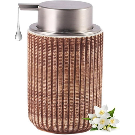 Ceramic Foaming Soap Dispenser, 10Oz Imitation Wood Grain Foam Hand Soap Dispenser with Chrome-Plated Pump,Refillable Lotion Soap Dispenser, Dish Soap Dispenser for Kitchen (Brown-Lotion)