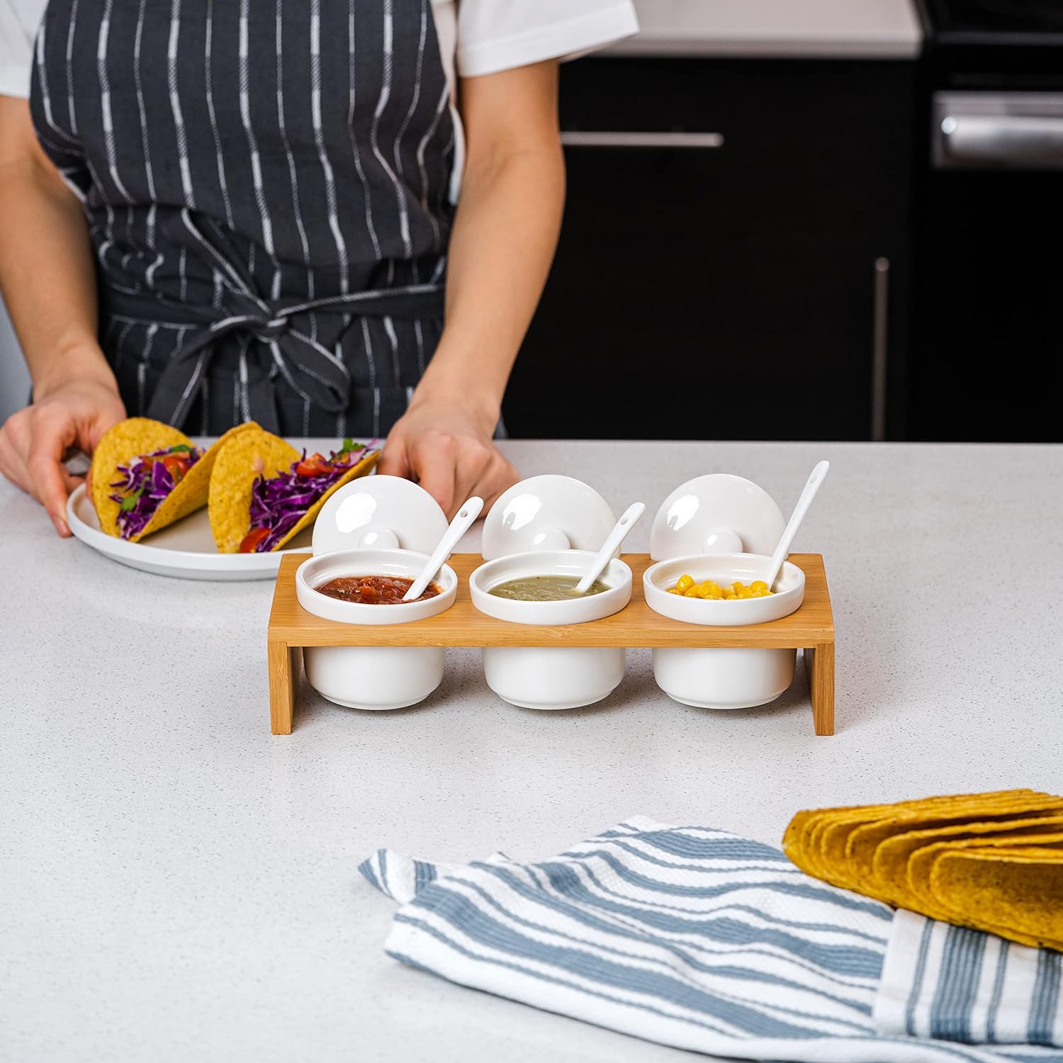 Ceramic Food Storage Containers With Lids, Spoons, Bamboo, Tray