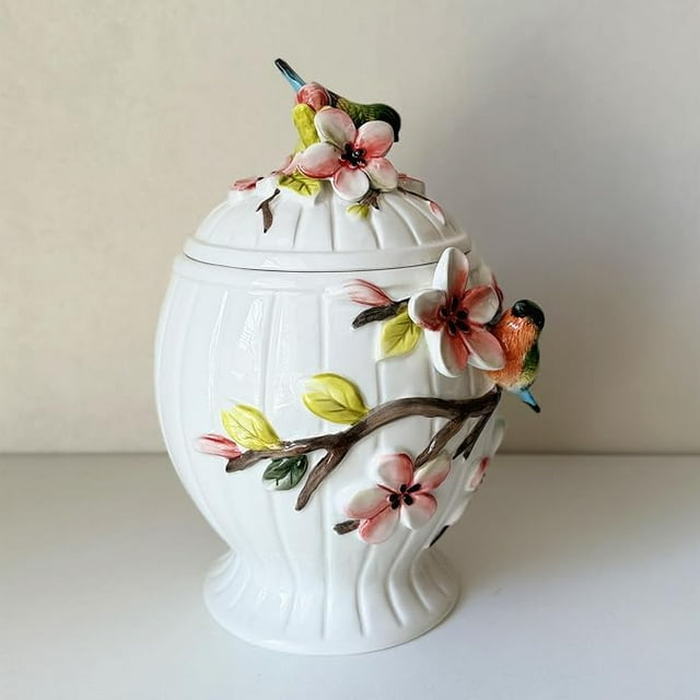 Ceramic Food Storage Containers with Lids, 3D Hand-painted Magnolia Flower and Bird for Home Kitchen Countertop Decorative Collection Jars