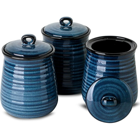 Ceramic Food Storage Jars,25 Oz Porcelain Kitchen Canisters with Airtight Lids Set of 3,Flour Containers for Countertop,Farmhouse Decor Serving Ground Coffee,Tea,Sugar,Pasta and Rice,Blue
