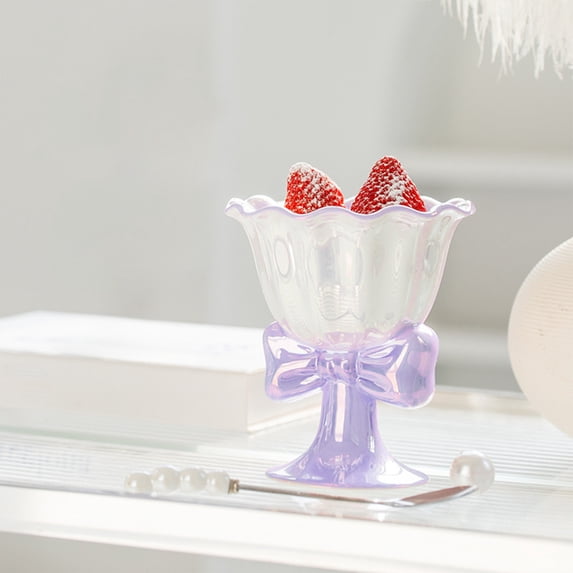 Ceramic Footed Dessert Bowl Cute Ice Cream Sundae Cup with Bow Design Yogurt Fruit Salad Pudding Bowl for Home Kitchen Party Serving