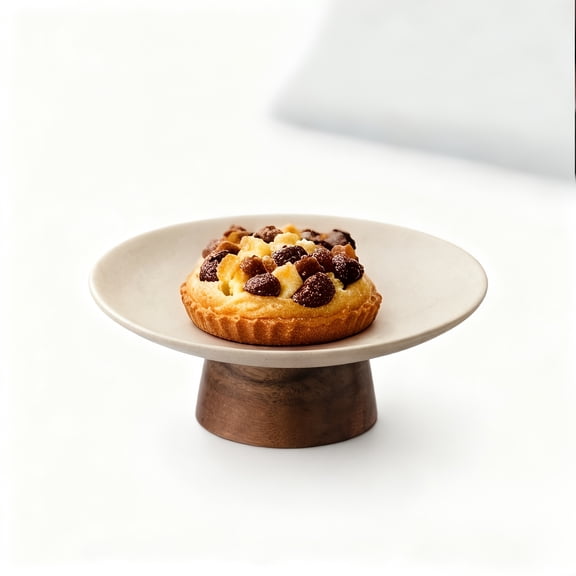 Ceramic Footed Serving Tray with Walnut Wood Base – Modern Minimalist Dessert & Fruit Plate for Tea Time, Home & Restaurant Use