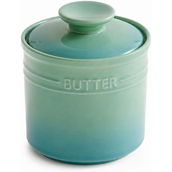 Ceramic French Butter Crock with Lid - Porcelain Butter Jar for Counter, Water-Sealed Butter Dish for Soft Spreadable Butter, Elegant Gradient Butter Container for Table, Set of 1 (Light green)