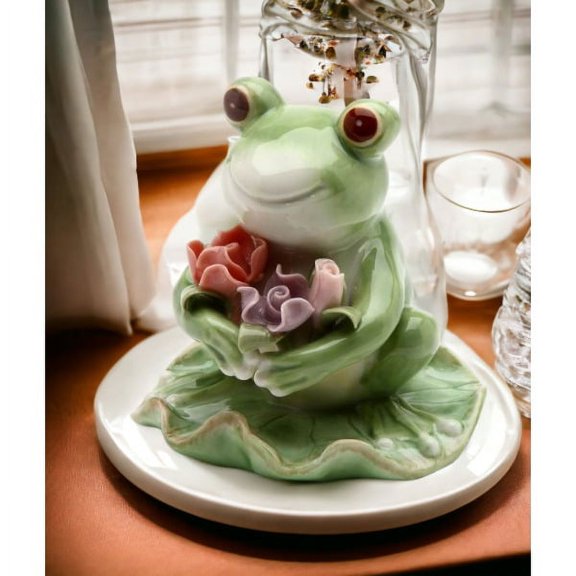 Ceramic Frog Figurine with Flowers 2.75" Spring Cottagecore