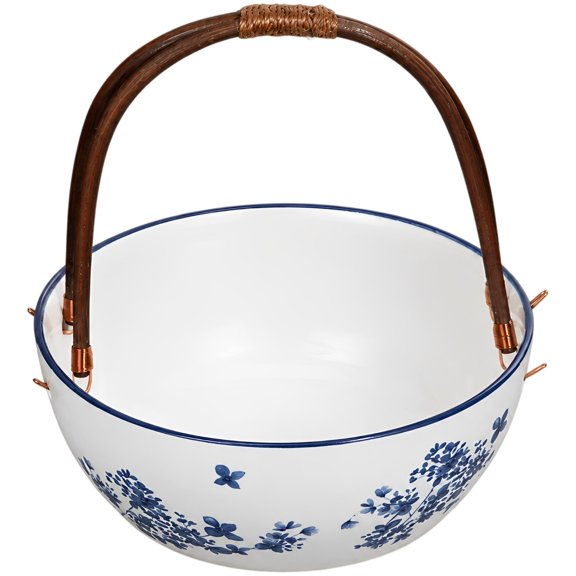 Ceramic Fruit Basket, Retro Chinese Style Fruit Bowl with Handle, Blue Floral Pattern Pedestal Serving Tray, Footed Platter for Afternoon Tea, Home Kitchen Table Decor, Outdoor Picnic