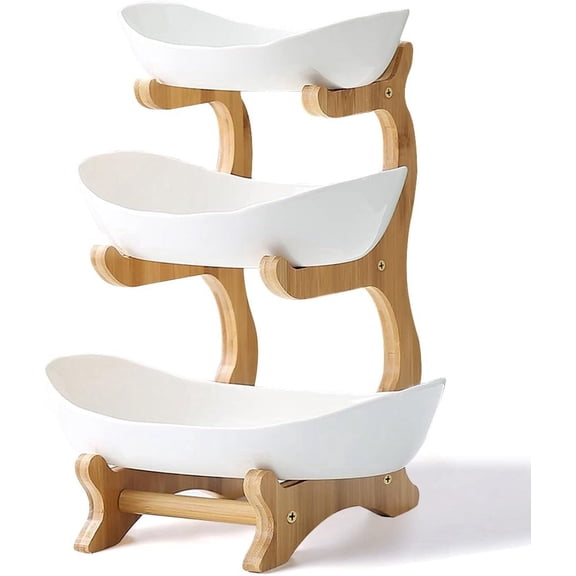 Fruit Bowl With Bamboo Wood Stand for Kitchen Counter,Plastic Fruit Basket for Vegetable Storage,Snack Dessert Cake Tray Plate Rack for Party Wedding - White