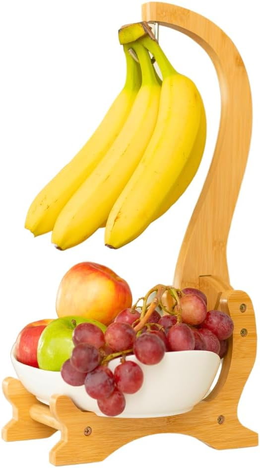 Ceramic Fruit Bowl with Banana Hanger Hook Bamboo Removable Banana