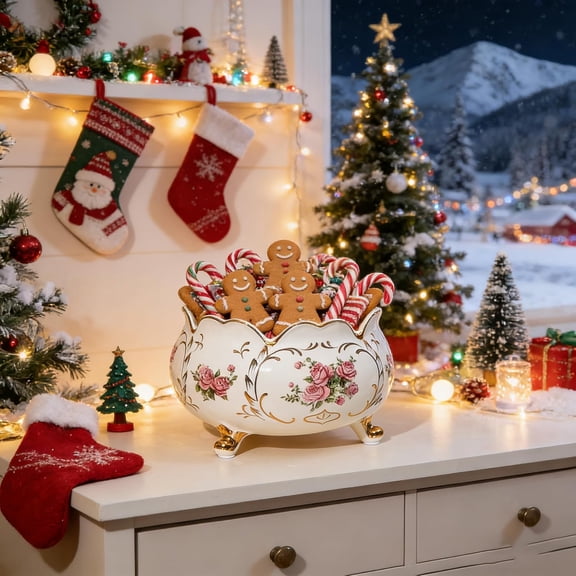 Ceramic Fruit Bowl Handmade Decorative Golden Pink Rose Serving Dish for Home Kitchen Entryway Table Decor Storage Organizer Gift