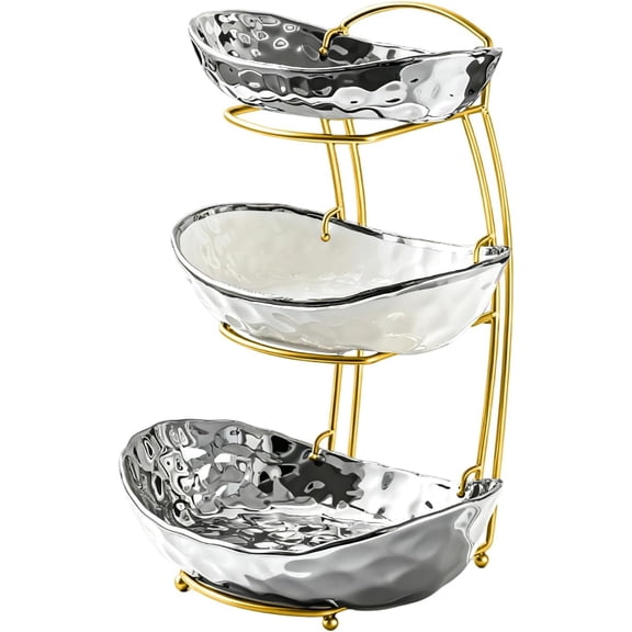 Ceramic Fruit Bowl for Kitchen Counter - 3 Tier Ceramic Fruit Rack with Metal Fruit Stand, Fruit Basket for Snacks, Nuts, Cakes, Desserts, Bread, Candy Storage (, -rimmed)