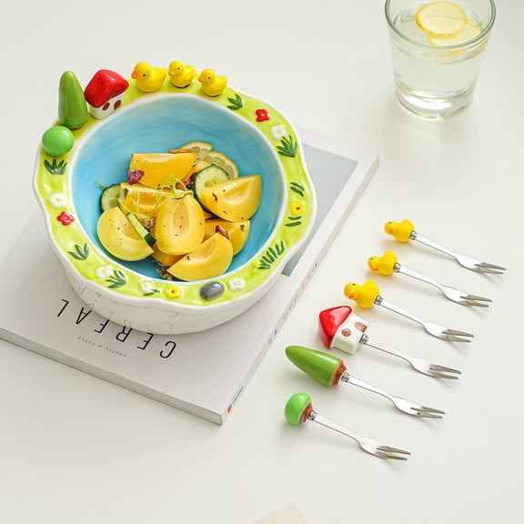 Ceramic Fruit Bowl with 6 Forks - 3D Duck & House Figurine Design, 8.1 Inch Dessert Snack Tray for Fruit Candy Nuts, Farmhouse Kitchen Decor Gift