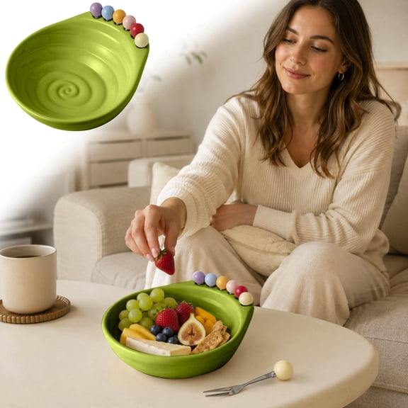 Ceramic Fruit Serving Tray With Colorful Ball Fruit Forks Large Swirl Snack Dessert Platter For Home Picnic Afternoon Tea Party(Green-23Cm)