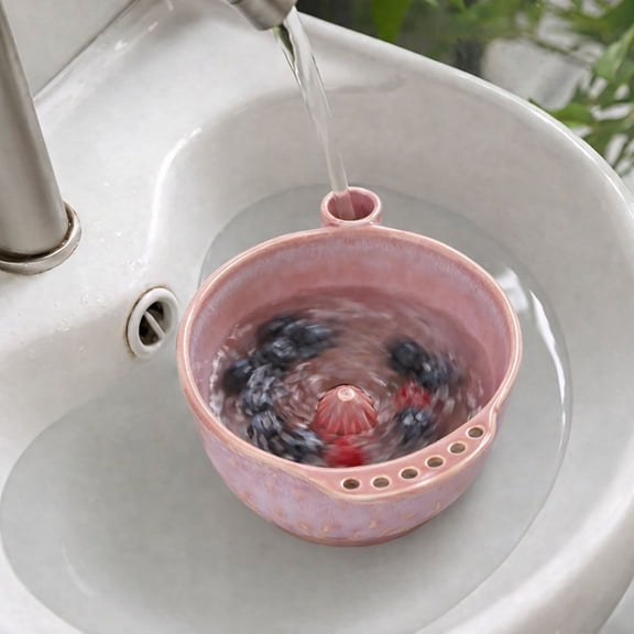 Ceramic Fruit Washing Bowl, Multifunctional Vegetable Cleaning Basin, Built-In Water Inlet Tube, Automatic Swirling Rinse, Draining Colander & Storage Container
