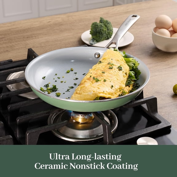 Ceramic Frying Pan Set with Stainless Steel Handle - Perfect Cookware Set for Steak & Non Stick Cooking - Ceramic Pans Set Non Stick Trendy Essential for Young Chefs(Green)