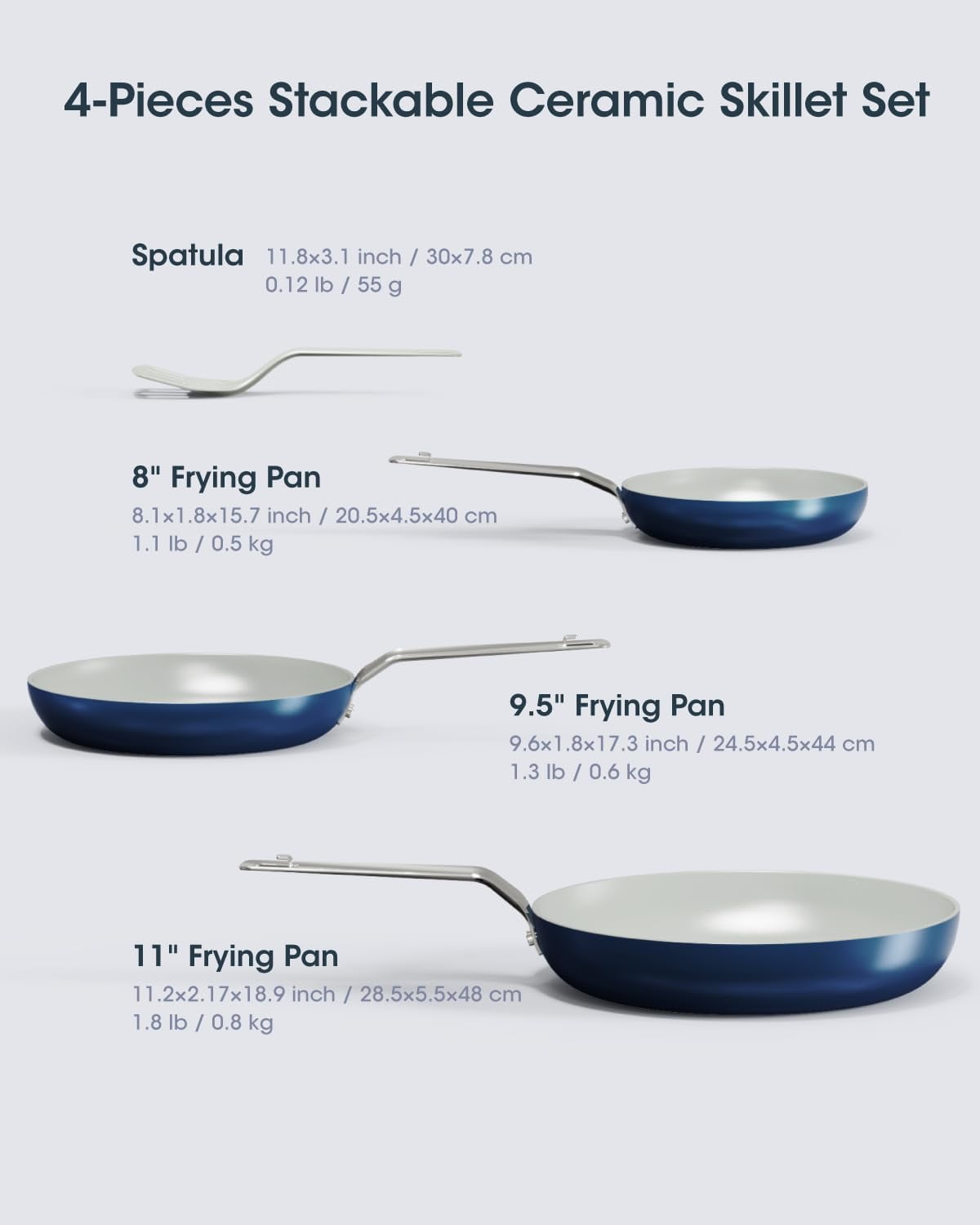 Ceramic Frying Pan Set with Floating Stackable Design - Non Stick Cookware 3pc (8/9.5/11") with Spatula, PFAS- All Cooktop Oven Safe