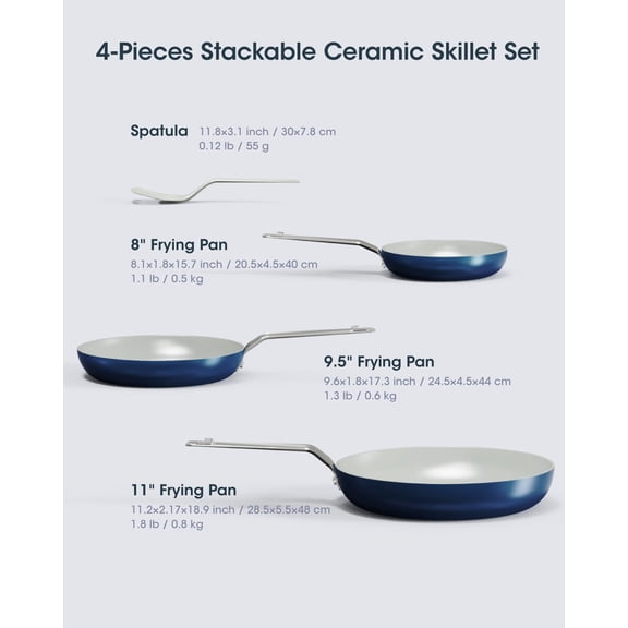 Ceramic Frying Pan Set with Floating Stackable Design - Non Stick Cookware 3pc (8/9.5/11") with Spatula, PFAS- All Cooktop Oven Safe