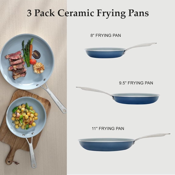 Ceramic Frying Pan Set with Stainless Steel Handle - 3PCS Blue Set for Non-Stick Cooking