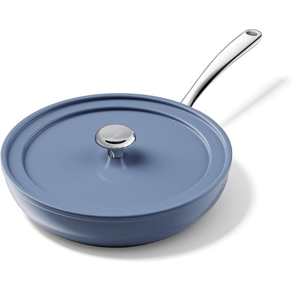 Ceramic Frying Pans Non Stick 9.5", 2.4QT Deep Saute Pan with Lid, Large Cooker with Stay Cool Handle, Non Cooking Ceramic Pan, Induction Dishwasher Safe, PFOA & Free(Blue)