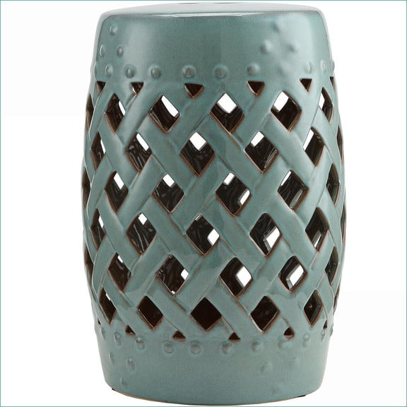 Ceramic Garden Stool | 13" x 18" Decorative End Table, Woven Lattice Antique Blue, For Indoor Outdoor Patio | Blue | Porcelain