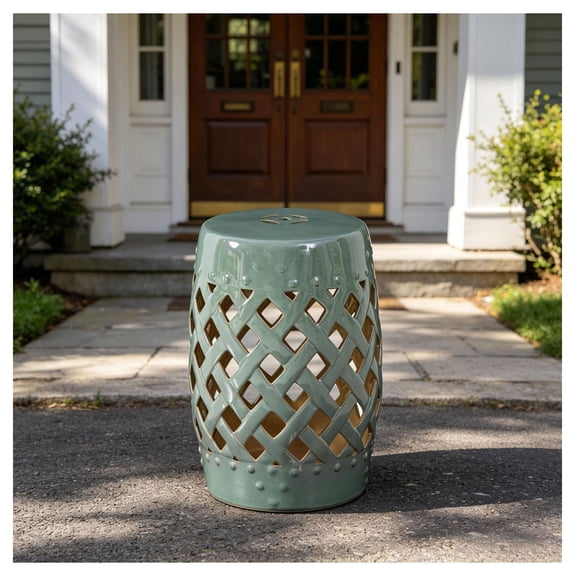 Ceramic Garden Stool 13x18 Inch, Green Outdoor Stool