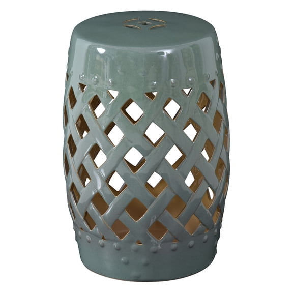 Ceramic Garden Stool 13x18 Inch, Woven Lattice Outdoor Stool, Decorative Seating, Green Patio Footrest
