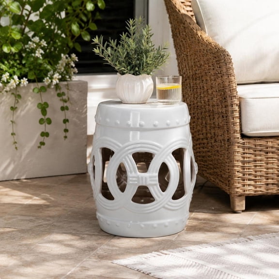 Ceramic Garden Stool, 14" x 17" White Glazed Ceramic End Table with Double-Coin Knotted Ring Design, Decorative Indoor/Outdoor Home Collection